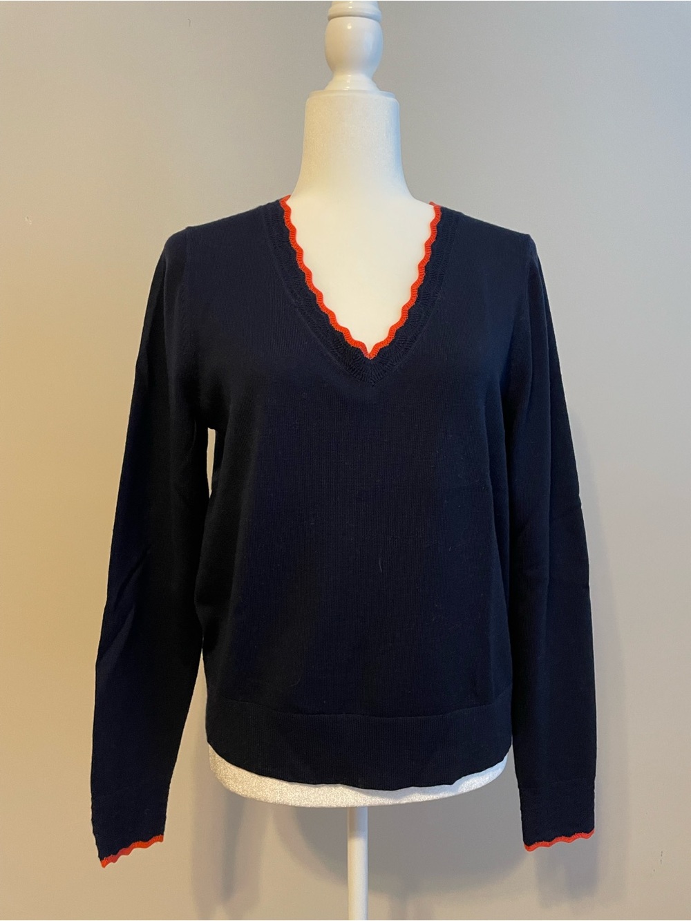 Boden Navy V-Neck Sweater with Red Scallop Trim